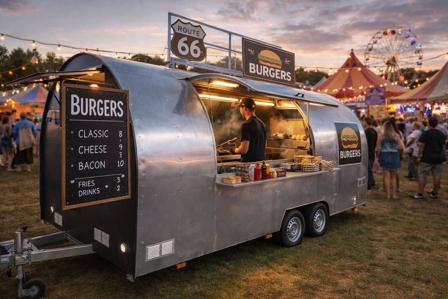 Food truck Airstream Route 66 para festivales y eventos nocturnos en Alicante