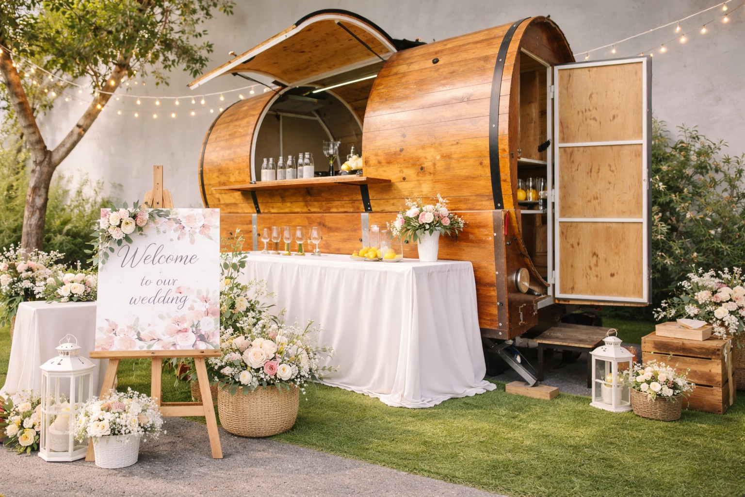Food truck barrica de madera artesanal para bodas y eventos rústicos en Alicante