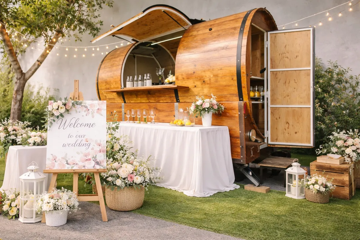 Food truck barrica de madera artesanal para bodas y eventos rústicos en Alicante