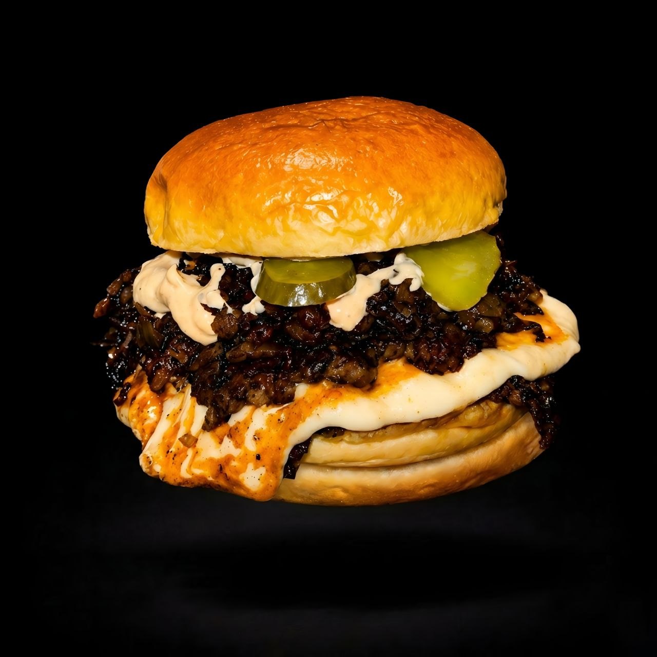 Burger Dionisio special with melted gouda and bacon jam — Theos Burger